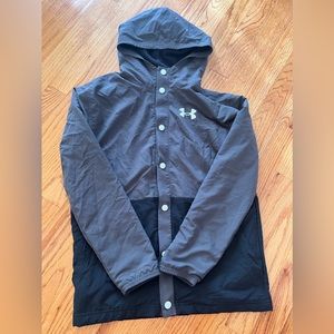 Under Armour light weight fleece jacket, button up boys medium, grey & black